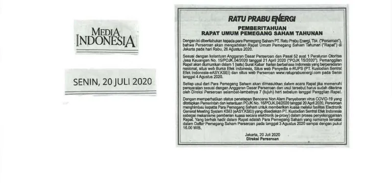 Iklan Pemberitahuan RUPST ARTI 2020